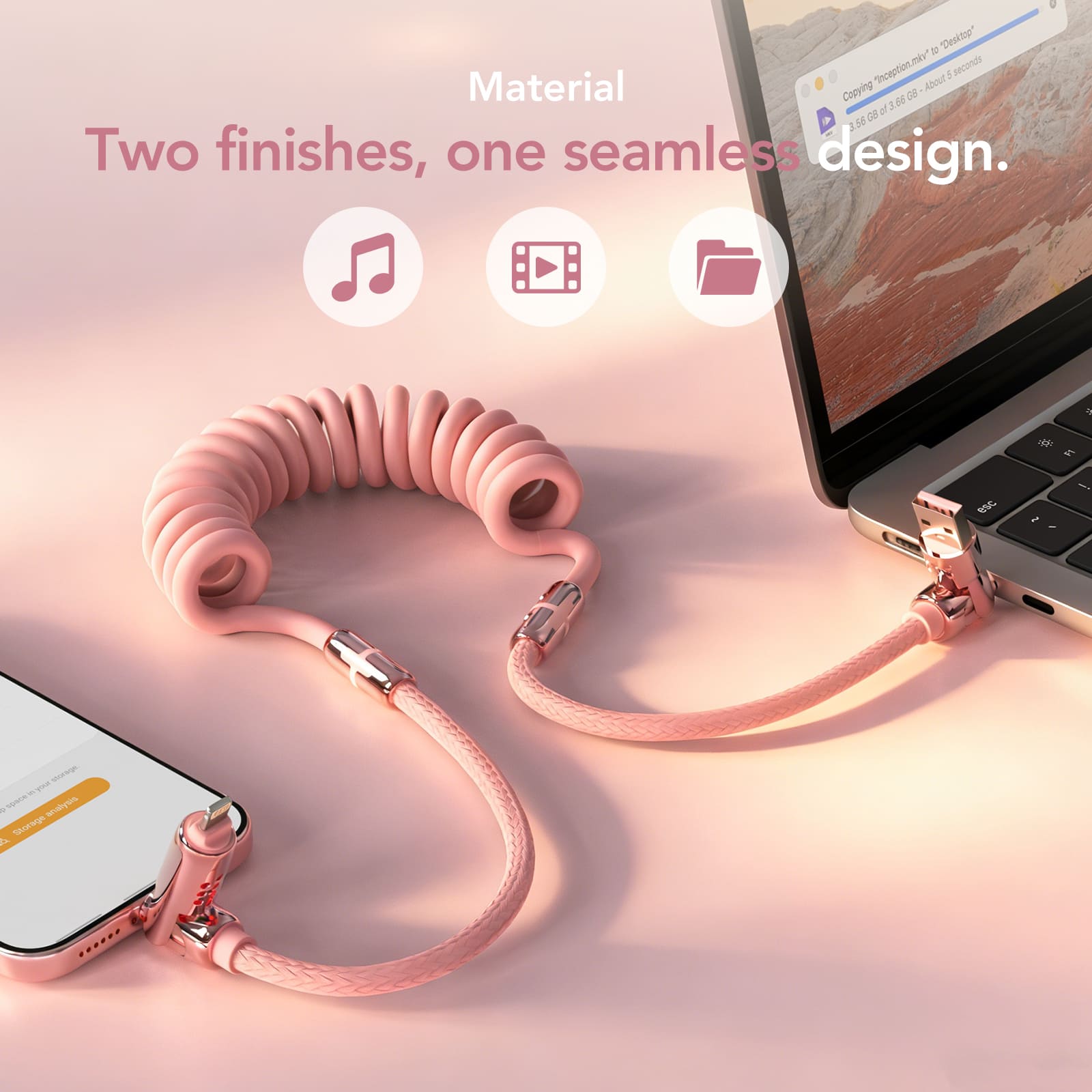 mfish Armored Dragon 8 Coiled Cable Pink (4-in-1, 240W) - Tangle-Free for Car & Desk