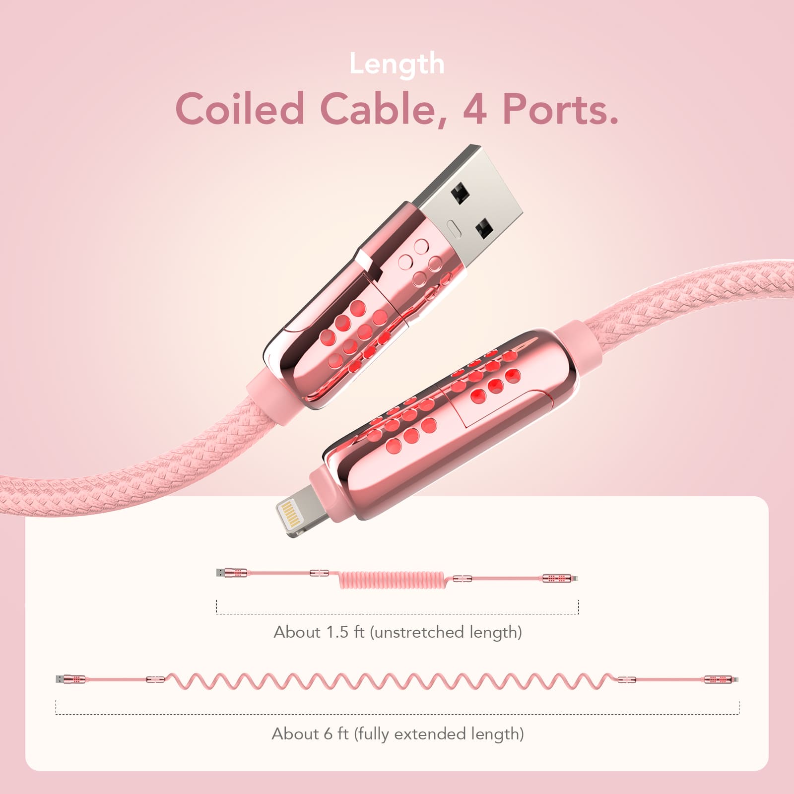 mfish Armored Dragon 8 Coiled Cable Pink (4-in-1, 240W) - Tangle-Free for Car & Desk