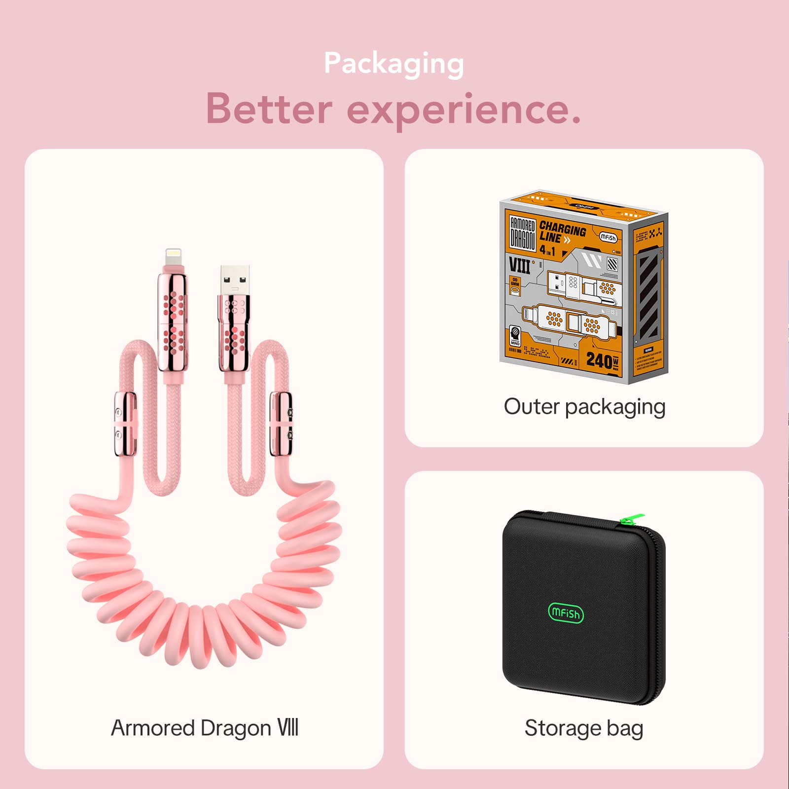 mfish Armored Dragon 8 Coiled Cable Pink (4-in-1, 240W) - Tangle-Free for Car & Desk