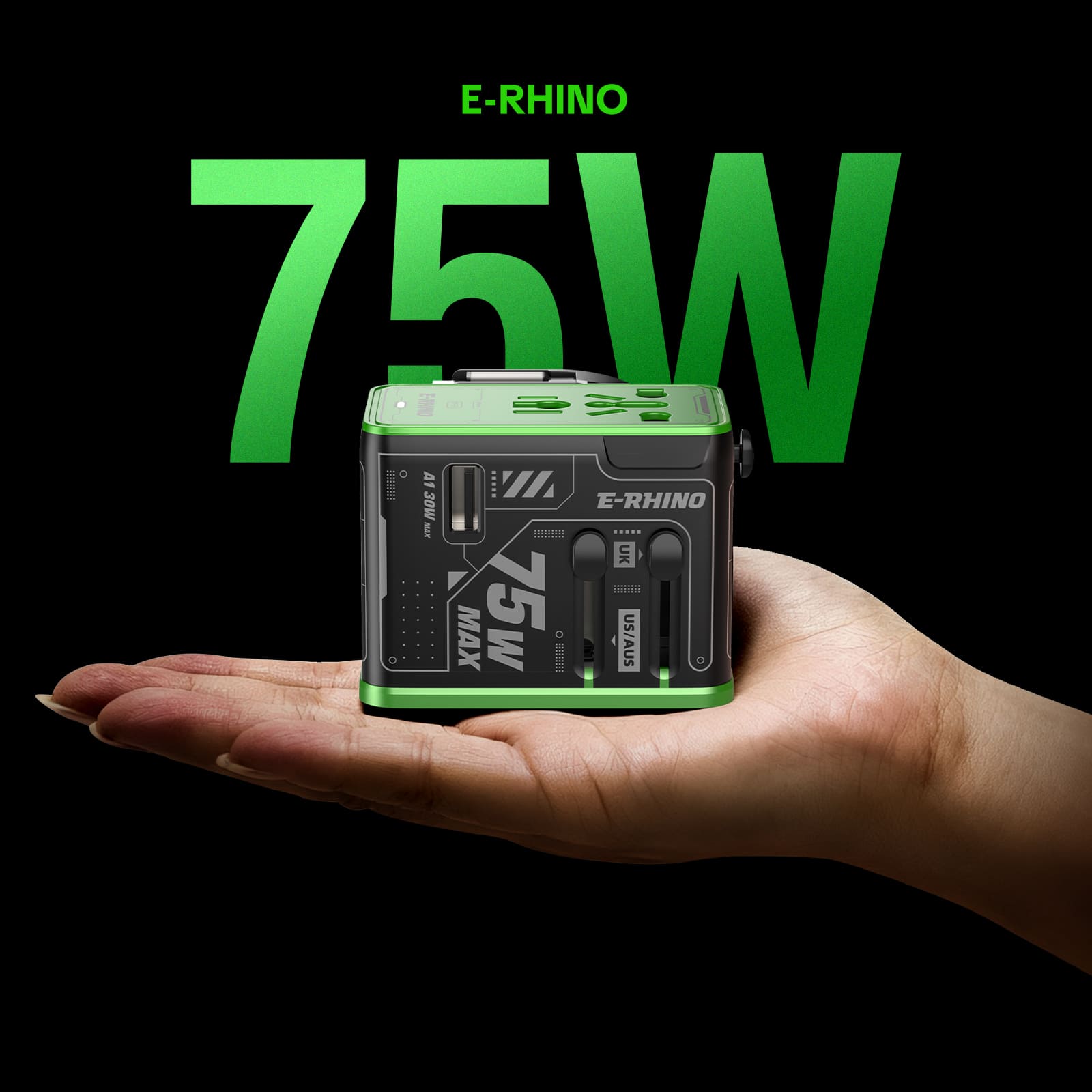 mfish E-RHINO Travel Adapter (75W, 5-in-1, GaN, Built-in Retractable Cable)