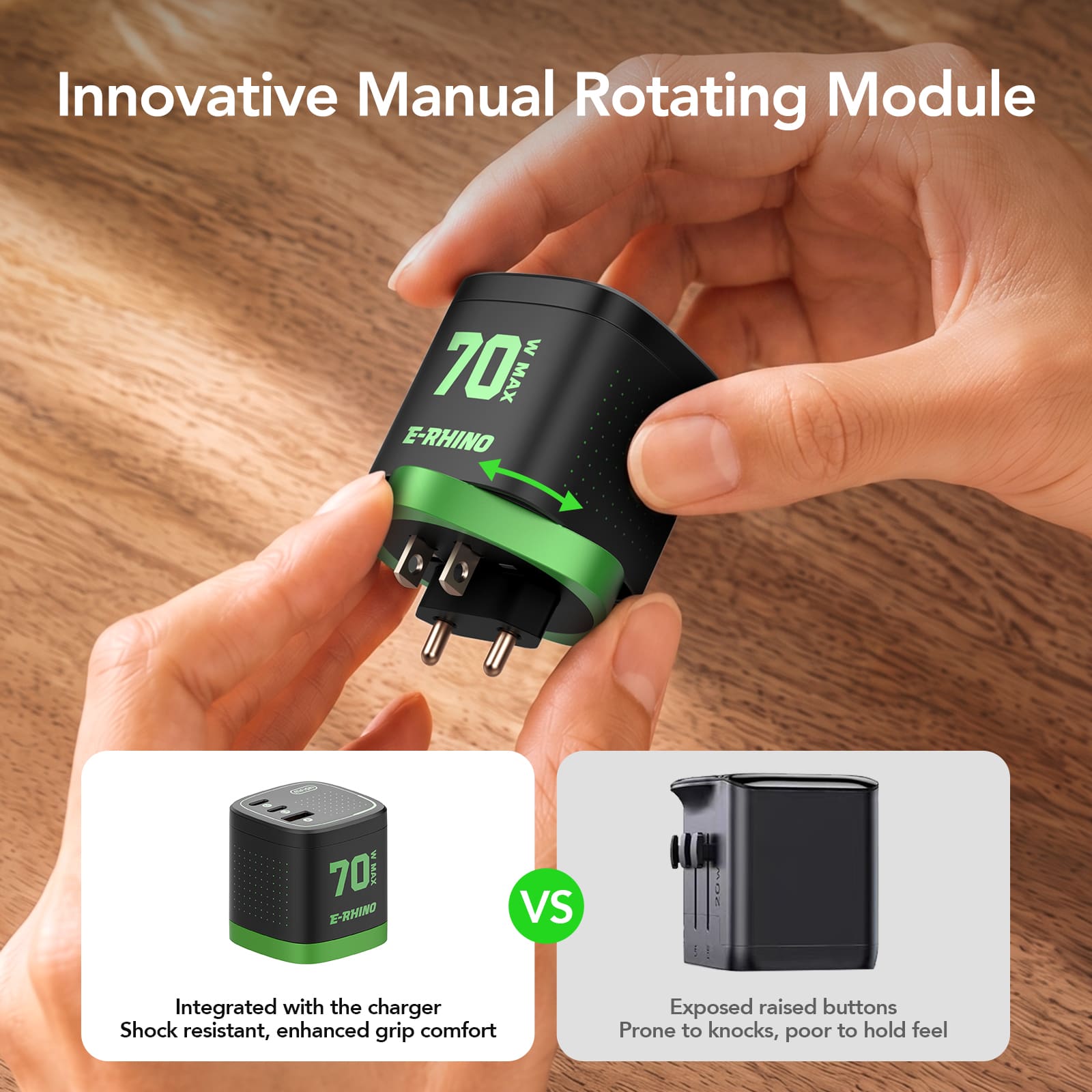mfish E-RHINO Global Travel Charger (70W, 3-Port, GaN, Integrated Rotary Plug)