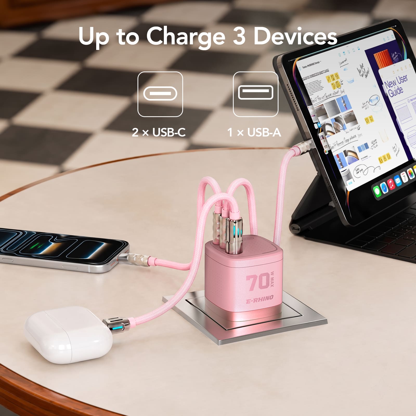 mfish E-RHINO Global Travel Charger (70W, 3-Port, GaN, Integrated Rotary Plug)